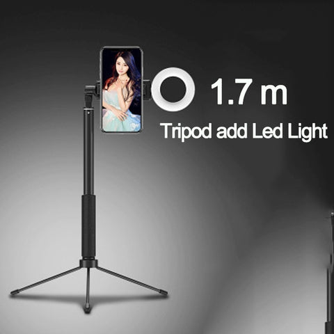 1.7m Extendable live Tripod Selfie Stick Support  LED Ring light Stand 4 in 1 With Phone Mount for iPhone X 8 Android SmartPhone