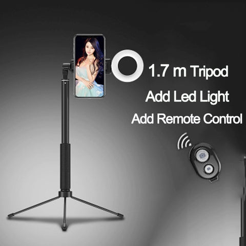 1.7m Extendable live Tripod Selfie Stick Support  LED Ring light Stand 4 in 1 With Phone Mount for iPhone X 8 Android SmartPhone