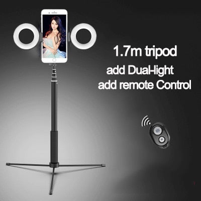 1.7m Extendable live Tripod Selfie Stick Support LED Ring light Stand 4 in 1 With Phone Mount for iPhone X 8 Android SmartPhone